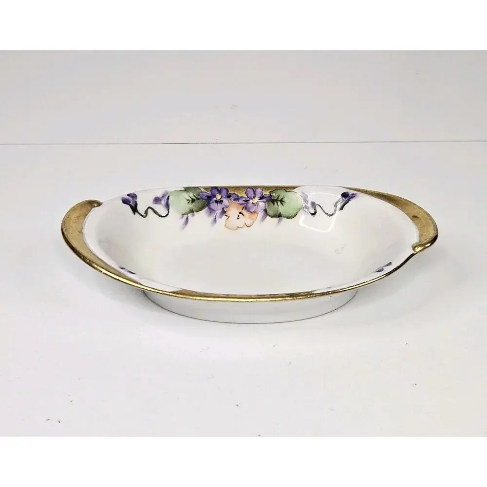 Antique hand-painted porcelain nappy dish candy bowl violet motif gold trim